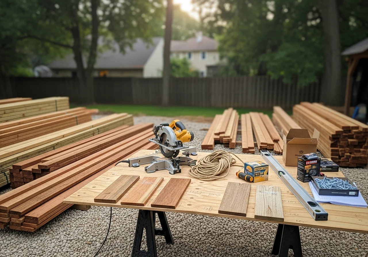 Construction crew and tools on a residential outdoor project site, showcasing hands-on craftsmanship and project readiness.