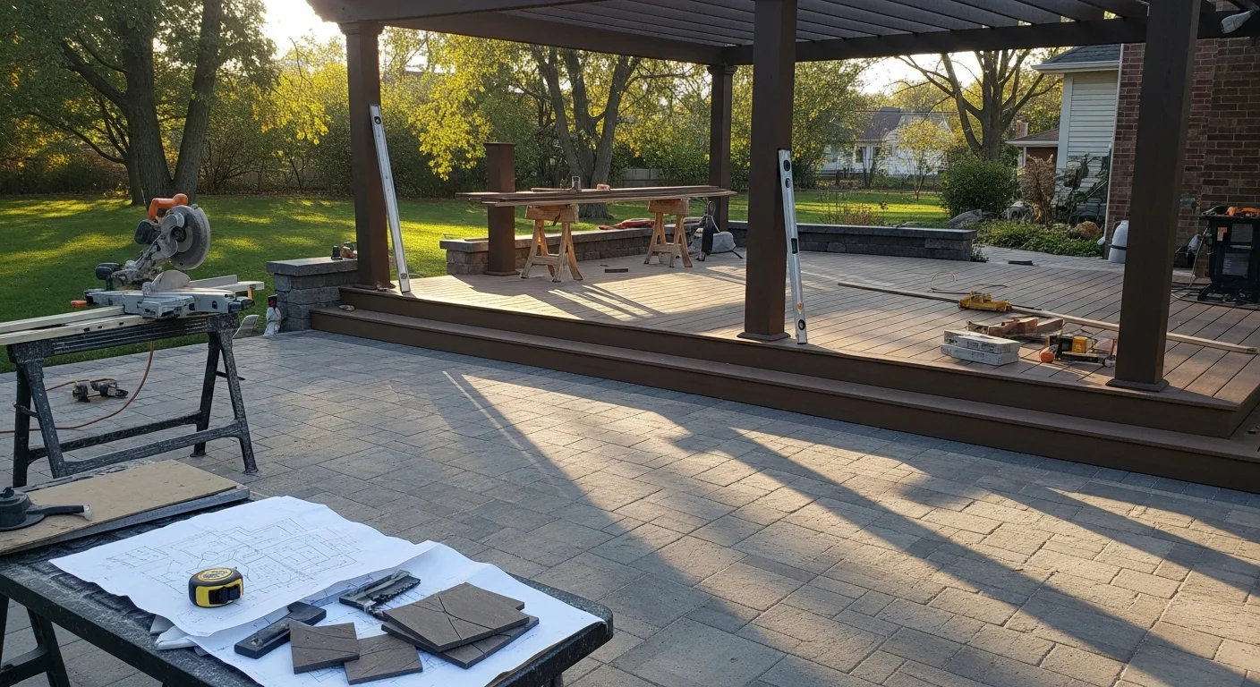 Pergola structure attached to residential home with seating area