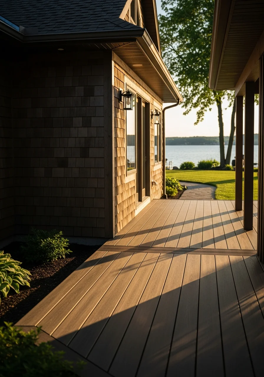 Close-up of a well-maintained lakefront home exterior in Lake Geneva with water views.