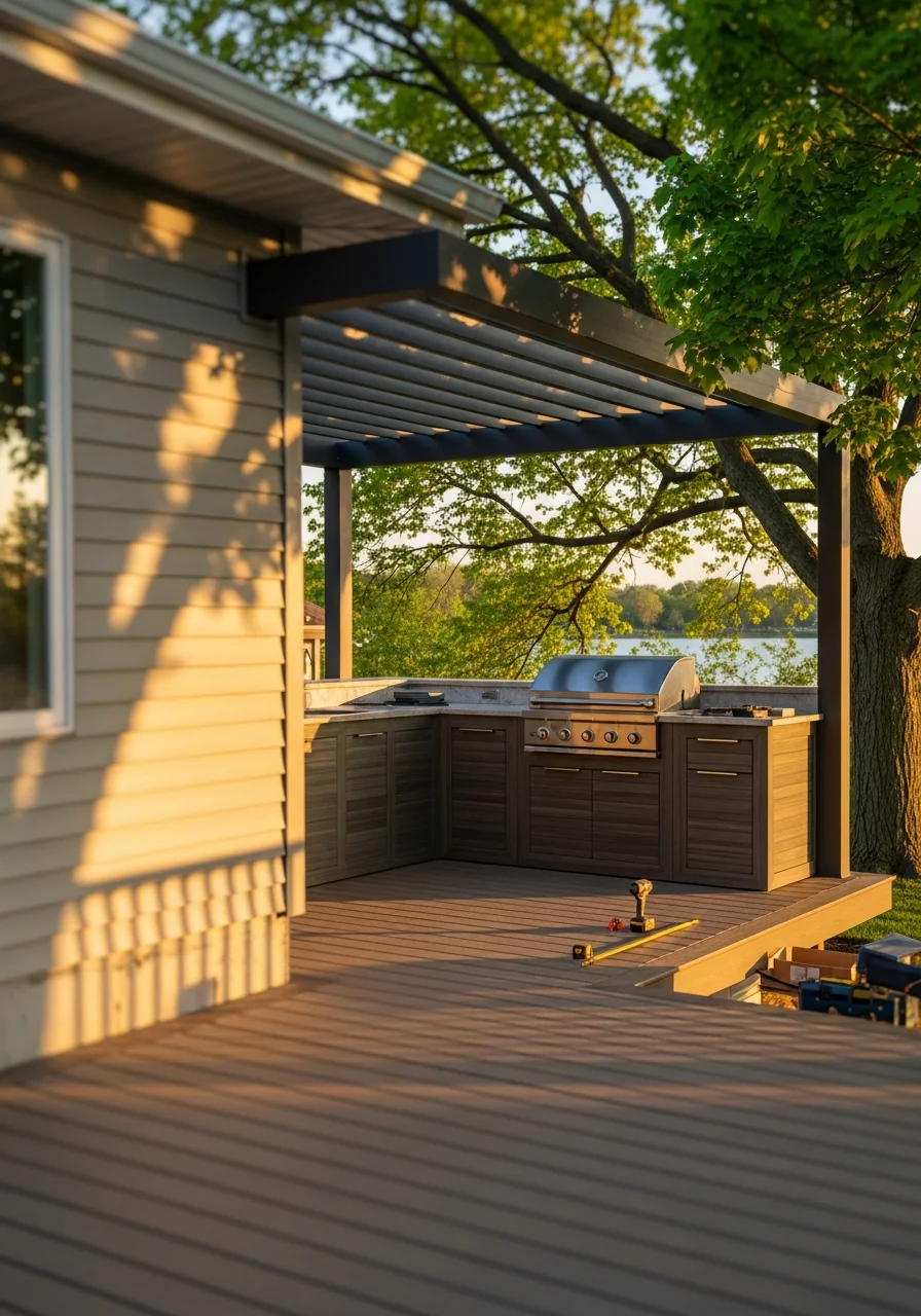 Outdoor kitchen and pergola installation in a Northern Illinois residential backyard by Barefoot Construction.