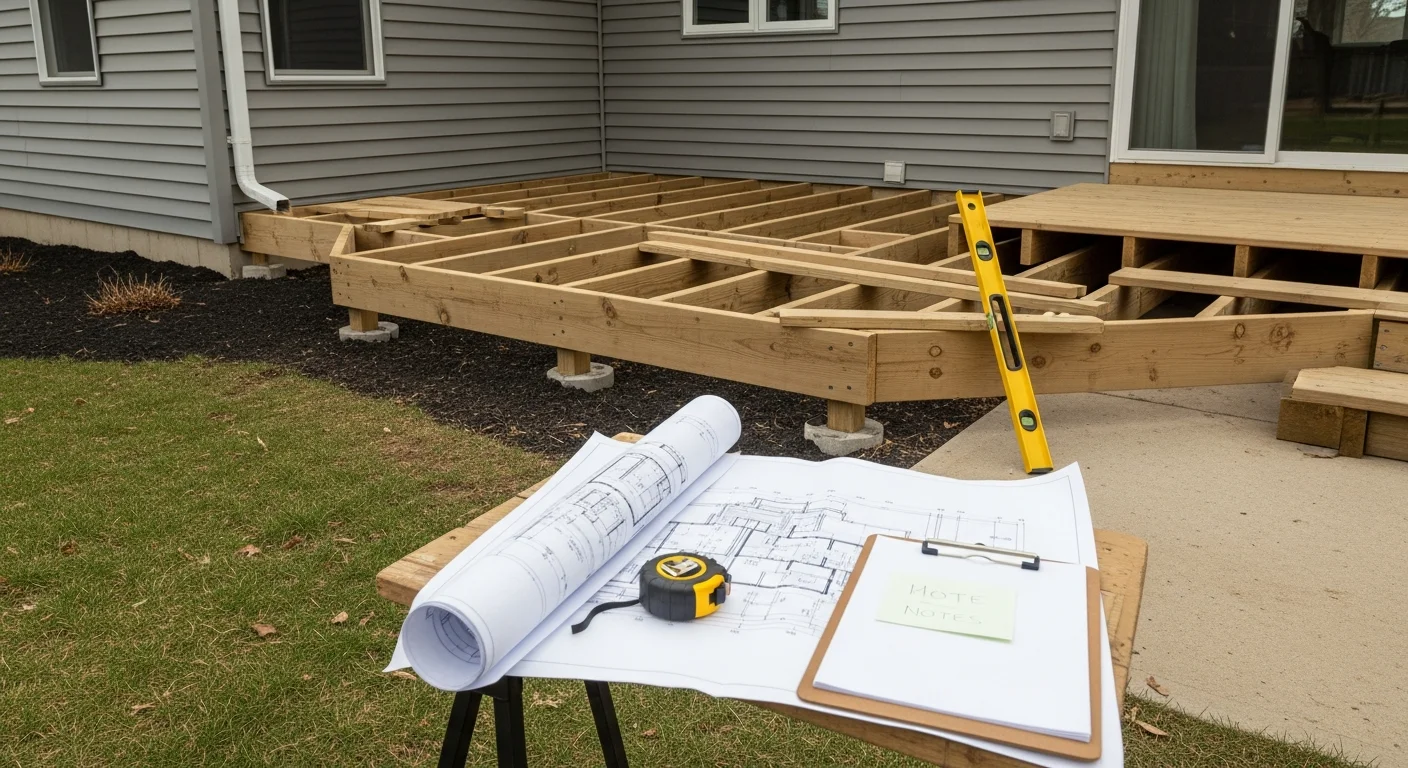 A Barefoot Construction deck designer reviewing a backyard layout with a Grayslake homeowner on a single-family residential property. The site visit shows an open rear yard with a two-story home in the background and a tape measure on the ground.
