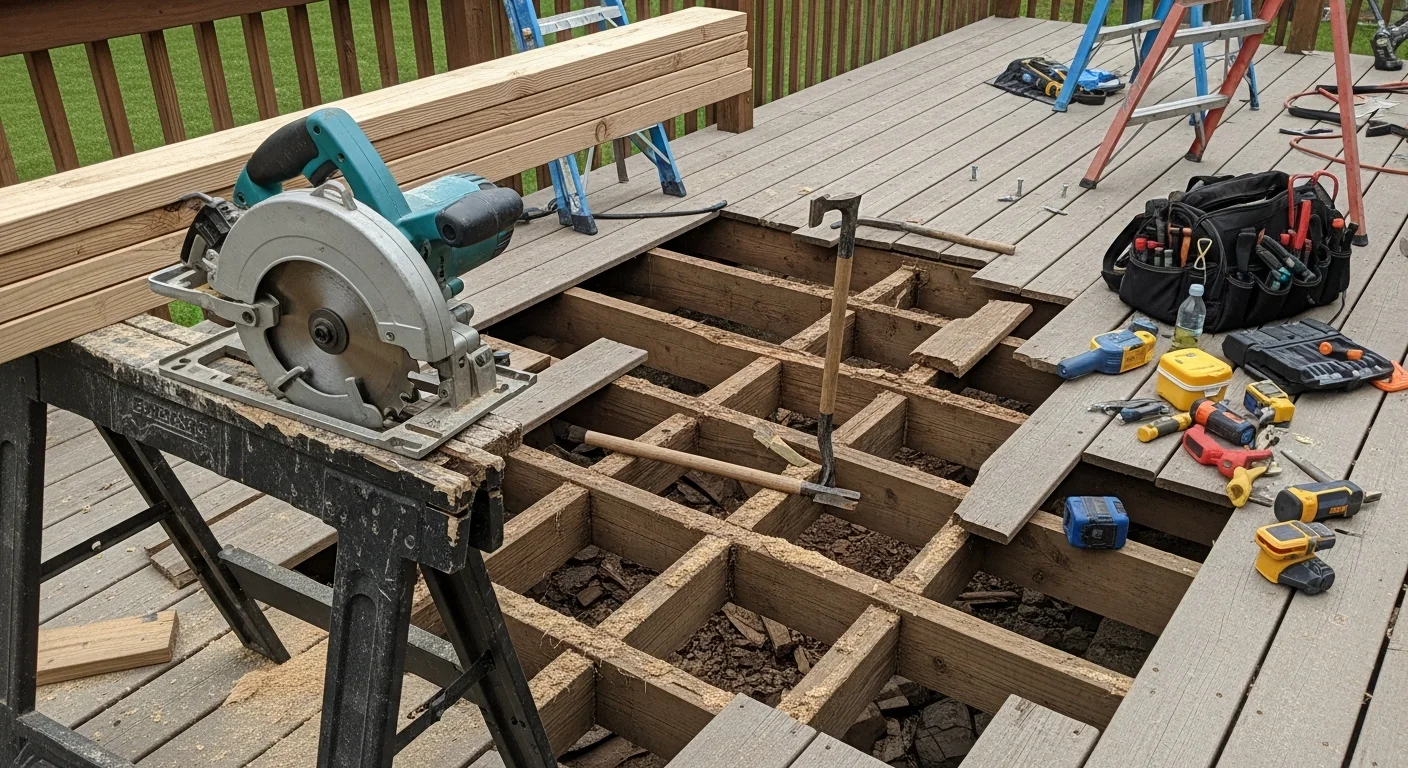 A repaired backyard deck on a single-family home in Grayslake, IL, showing replaced surface boards and secure wood railings. The deck is structurally level with no visible rot or gaps between boards.
