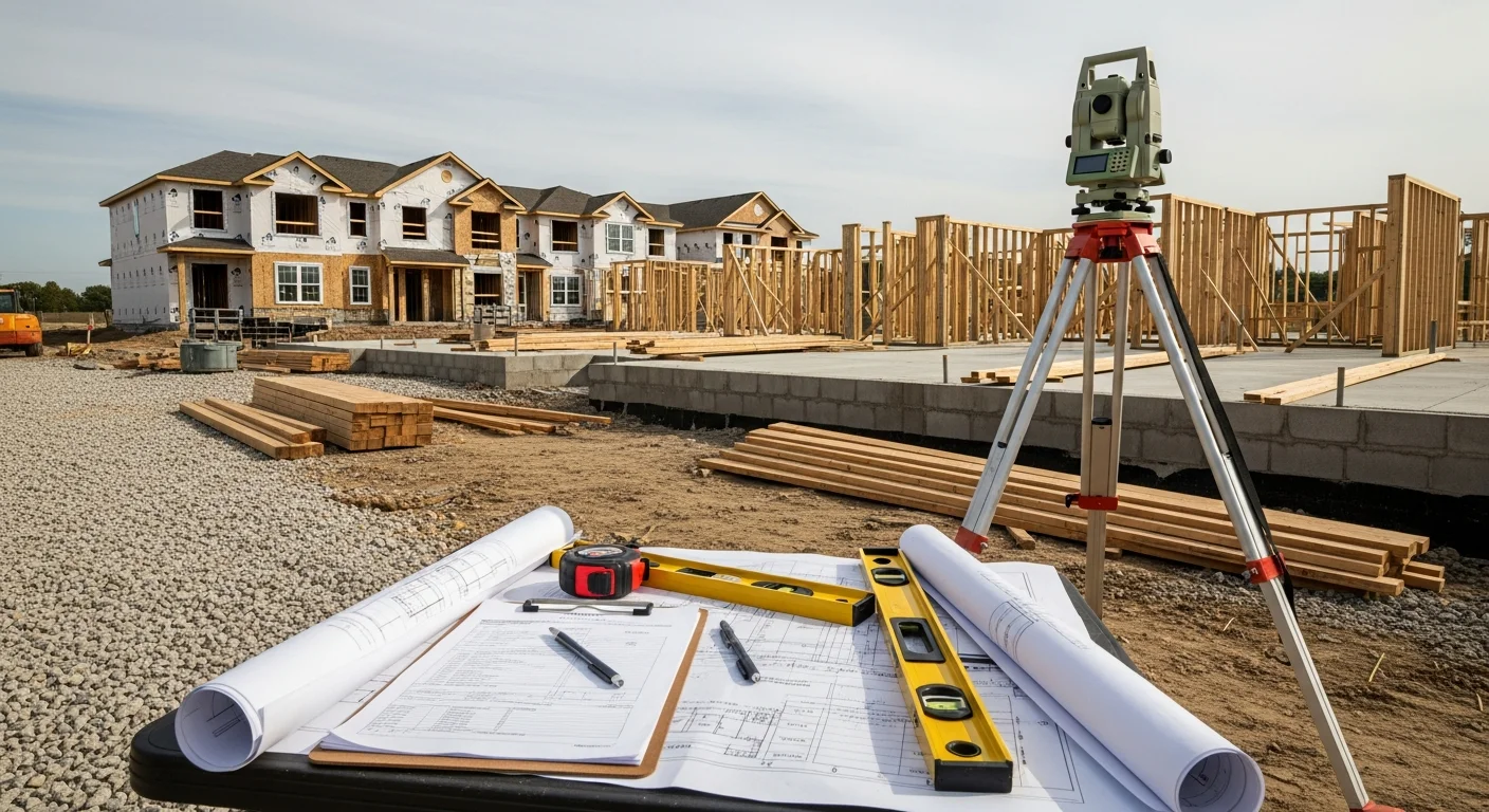 Newly constructed multi-unit HOA complex building in Grayslake, IL with finished exterior framing and site work visible. General contractor crew coordinating on-site during active construction phase in a Lake County residential community.