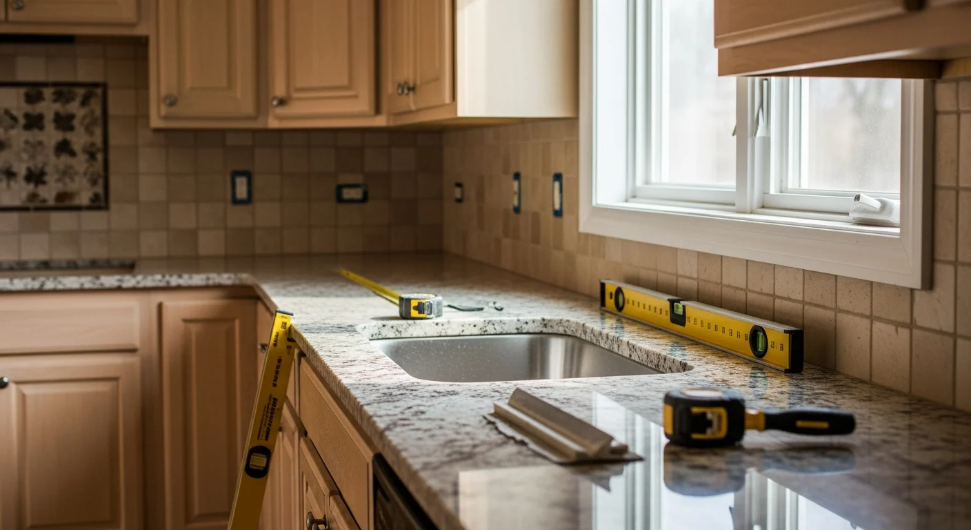 Newly installed kitchen countertop in a Grayslake, IL single-family home, showing a clean edge profile, flush sink cutout, and level surface across standard base cabinets. The kitchen reflects a typical Lake County residential layout with updated fixtures and painted cabinetry.