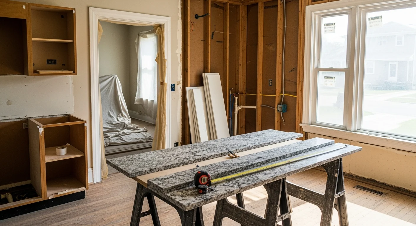 A remodeled kitchen in a Grayslake, IL single-family home featuring new cabinetry, updated countertops, and reconfigured layout. Work completed by Barefoot Construction for a Lake County homeowner.