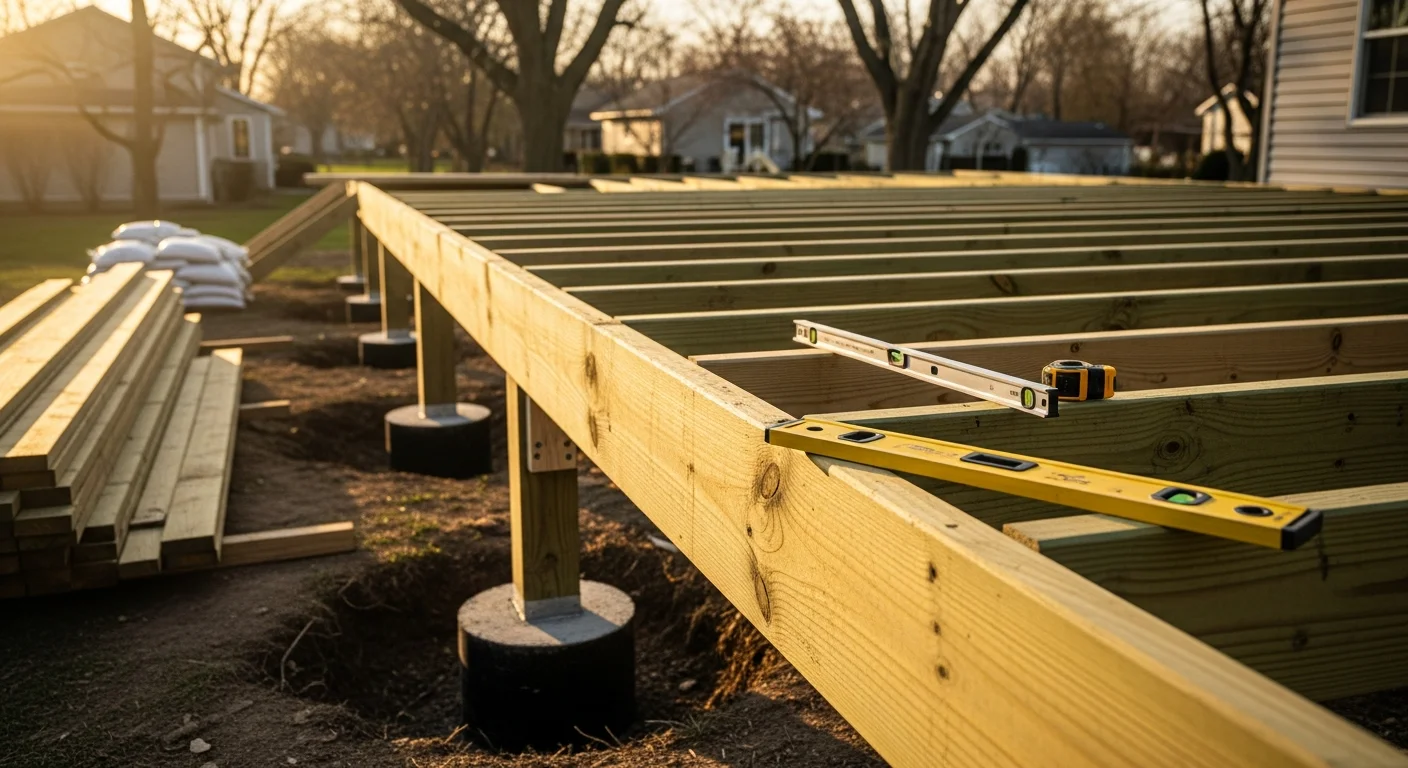A newly built wood-framed deck attached to the back of a single-family home in Grayslake, IL, with clean railing lines and a backyard view. Barefoot Construction new deck construction project in Grayslake, Lake County, Illinois.