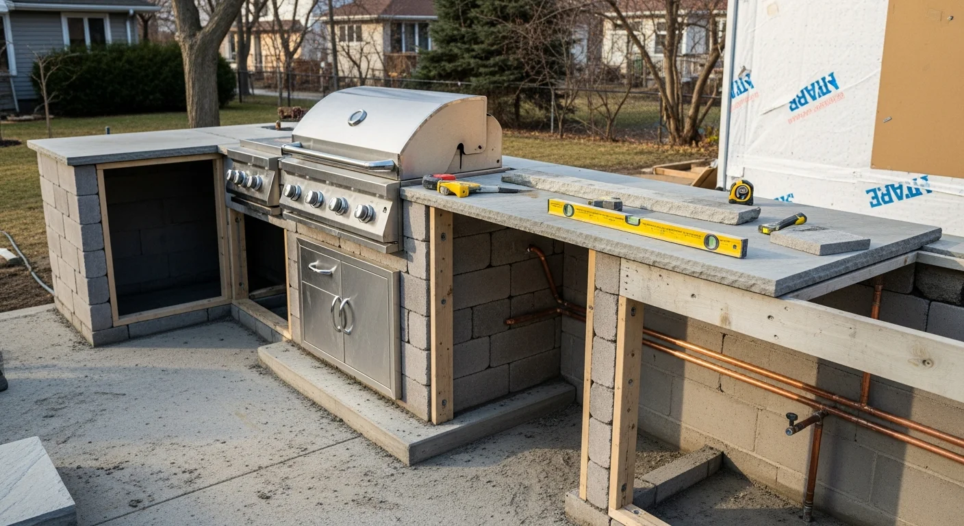 A custom-built outdoor kitchen in a Grayslake, IL backyard featuring a built-in cooking station, stone countertops, and weatherproof cabinetry on a paver patio. The structure is designed to handle Lake County's freeze-thaw climate while providing a functional cooking and entertaining space.