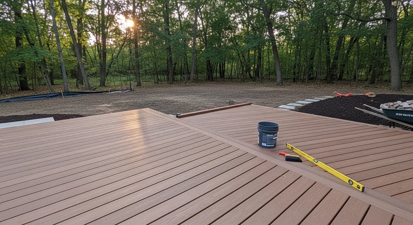 A finished backyard patio and outdoor living space at a single-family home in Grayslake, IL, featuring a defined seating area, a fire pit, and clean hardscape surfaces surrounded by mature trees. The design reflects a practical, weather-ready layout suited to Lake County's four-season climate.